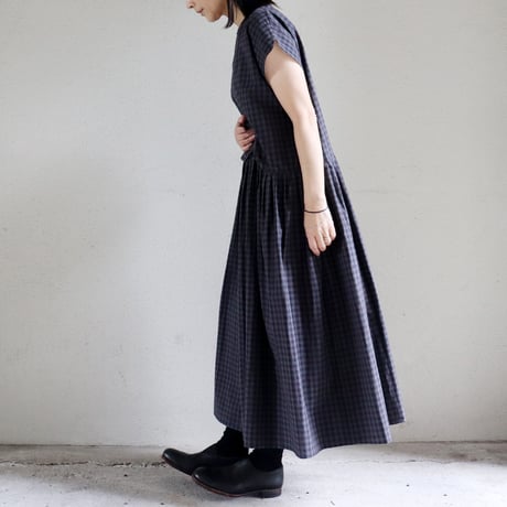 MAGALI マガリ　ウォッシュドコットンラウンドスリーブワンピース　#ギンガムチャコール