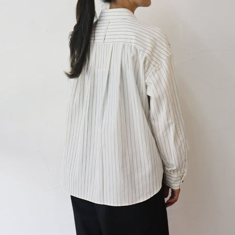 MAGALI マガリ　コットンリネンスモールカラーシャツ　#ホワイト、ストライプ　【送料無料】