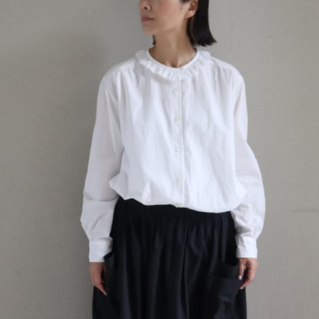homspun ホームスパン　ハイカウントクロスフリルブラウス　#ホワイト、チェック、ストライプ