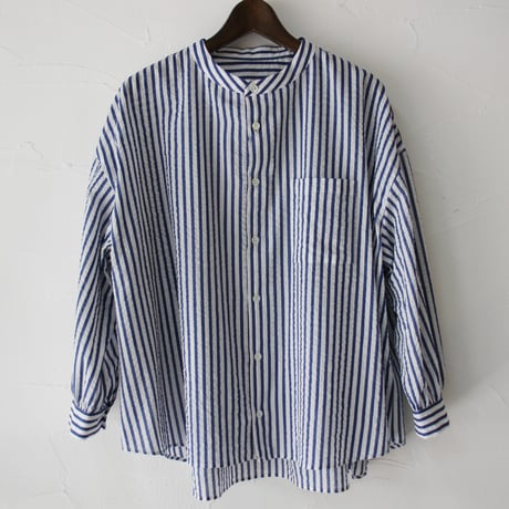 **またまた再々入荷** Linenya リネンヤ　コットンバンドカラーブラウス　#ストライプブルー　【送料無料】