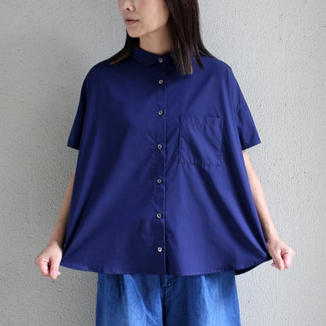 Linenya リネンヤ　コットンタイプライター丸襟半袖ブラウス　#ネイビー、ブラウン