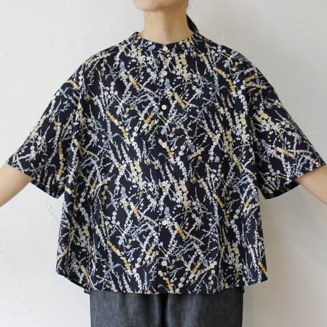 **再入荷** LinenYa リネンヤ　フラワープリントバンドカラーシャツ　#ネイビー　【送料無料】