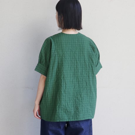homspun ホームスパン　C/Lチェック＆ストライプパフスリーブブラウス　【送料無料】