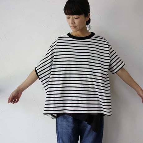 CAERULA カエルラ　天竺 ボーダーアシンメトリー Tシャツ　#白×ブラック　【送料無料】