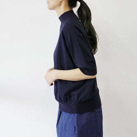 **またまたまた再入荷** LinenYa リネンヤ as it is.  コットンモックネック5分袖ニット　#ネイビー、ブラック、ホワイト