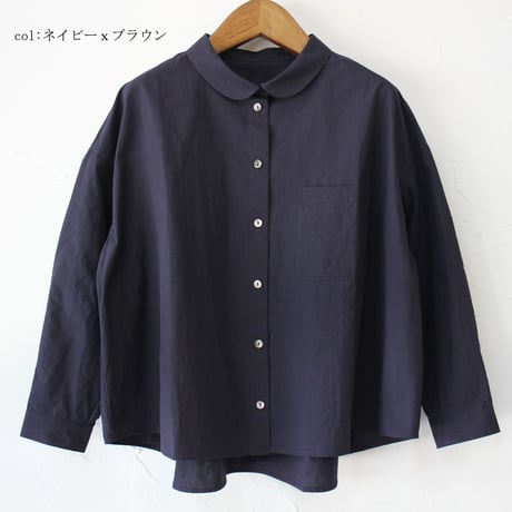 **再々入荷** Linenya リネンヤ　コットンギンガム長袖丸襟ブラウス　#ホワイトｘブラック、ネイビーｘブラウン