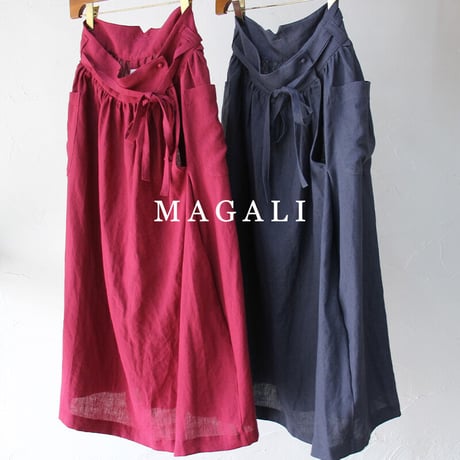 MAGALI マガリ　ベルガモリネン·ラップ風ギャザースカート　#ローズ、ネイビー