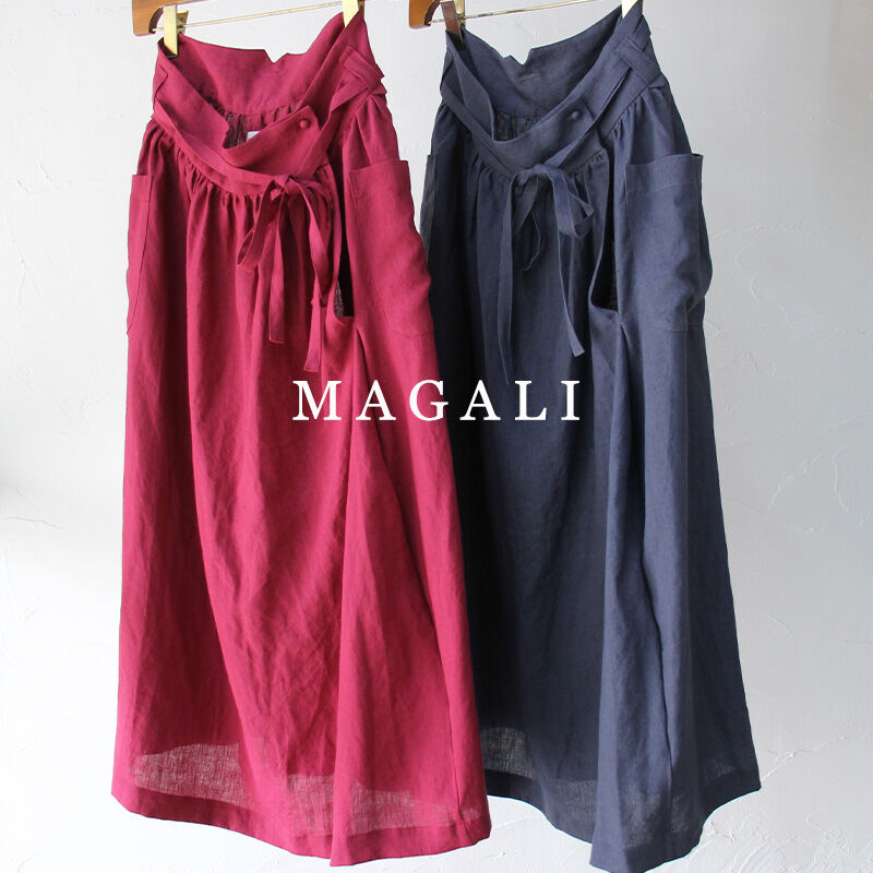 MAGALIマガリ　リネン配色ロングギャザースカート　バイカラー　くるみボタン MAGALI マガリ ベルガモリネン·ラップ風ギャザースカート #ローズ