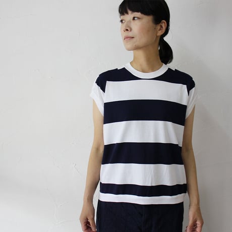 homspun ホームスパン 60/2天竺太ボーダーキャップスリーブTシャツ　#サラシ×ネイビー、生成り×ブラック