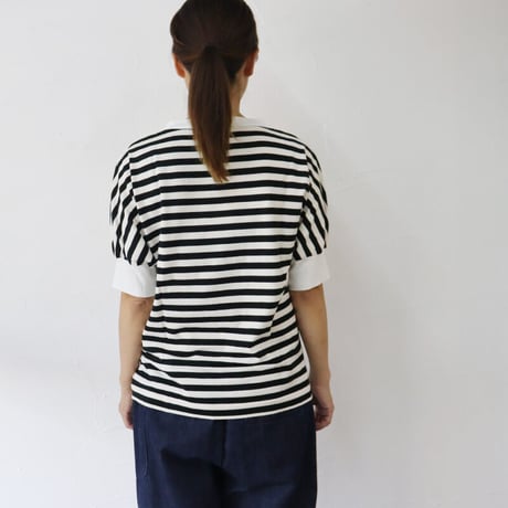 **再入荷** homspun ホームスパン 40/2天竺ボーダーハイネック半袖プルオーバー　#オフホワイトｘブラック、グレーｘブラック