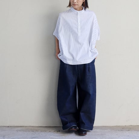 **またまたまた再入荷** LinenYa リネンヤ　コットンストライプヘンリーネックブラウス　#ネイビー、ホワイト
