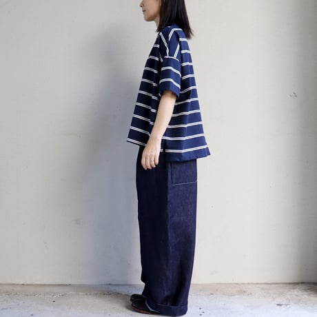 TRAVAIL MANUEL トラバイユマニュアル　オーガニックボーダースリットTシャツ　#オフ白、ネイビー