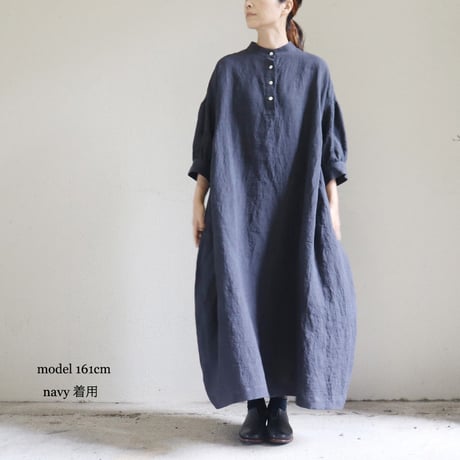 **またまたまた再入荷** LinenYa リネンヤ　リネンスタンドカラーワンピース　#ブラック、ネイビー、ベージュ、チャコール　【送料無料】