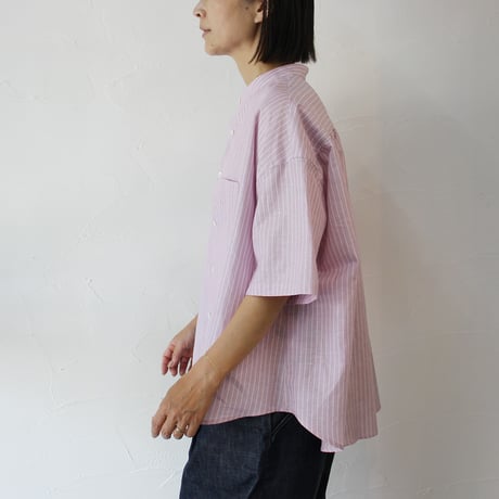 **またまた再入荷** LinenYa リネンヤ　綿麻ストライプバンドカラー半袖シャツ　#ブルー、ピンク
