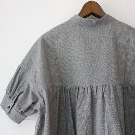 **またまた再入荷** Linenya リネンヤ　オーガニックコットン半袖スタンドカラーブラウス　#千鳥格子　【送料無料】