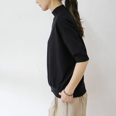 **またまたまた再入荷** LinenYa リネンヤ as it is.  コットンモックネック5分袖ニット　#ネイビー、ブラック、ホワイト