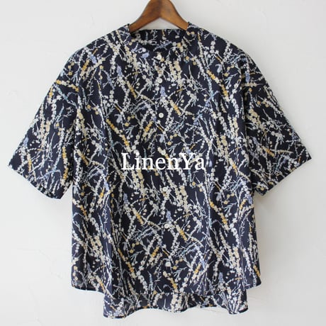 **再入荷** LinenYa リネンヤ　フラワープリントバンドカラーシャツ　#ネイビー　【送料無料】
