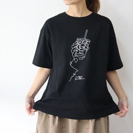 **再入荷** amne アンヌ　”kafe”　カフェ柄半袖Tシャツ　#ホワイト、ブラック