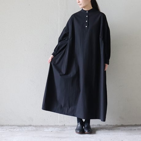 **またまたまた再入荷**LinenYa リネンヤ　コットンタイプライター長袖スタンドカラーワンピース　#ブラック、チャコール