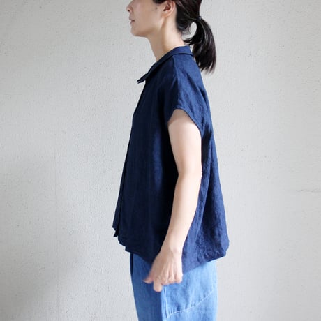 Linneya リネンヤ　リネンフレンチスリーブブラウス　#インディゴ千鳥格子　【送料無料】