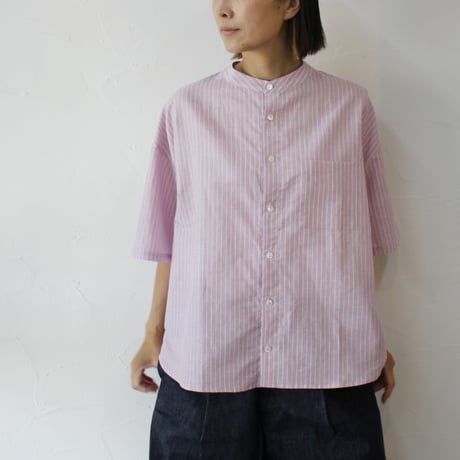 **またまた再入荷** LinenYa リネンヤ　綿麻ストライプバンドカラー半袖シャツ　#ブルー、ピンク