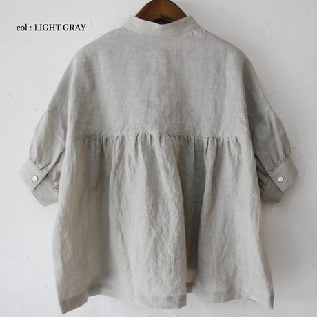 **またまたまた再入荷**LinenYa リネンヤ　リネン半袖スタンドカラーブラウス　#アイボリー、ライトグレー、ブラック