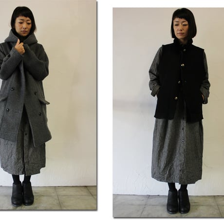 **S u K i M a -スキマ- 別製特注品** 15 jyugo ジュウゴ　綿麻起毛ストライプTABIギャザーワンピース　♯ブラック　【送料無料】