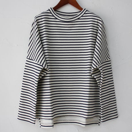 Linenya リネンヤ　ロッカク長袖Tシャツ　#ガーゼボーダー、ミニ裏毛グレー