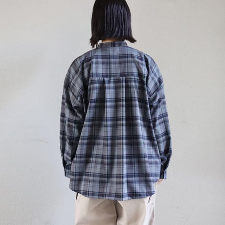 TRAVAIL MANUEL トロチェックバンドカラー長袖シャツ　#ネイビー、グレー　【送料無料】