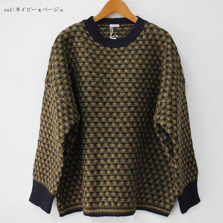 homspun ホームスパン　ウール鹿の子編みBIGプルオーバー（222-7885）　#ネイビーｘベージュ、グレーｘオレンジ　【送料無料】