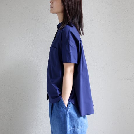 Linenya リネンヤ　コットンタイプライター丸襟半袖ブラウス　#ネイビー、ブラウン