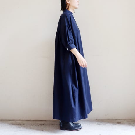 **またまた再入荷** LinenYa リネンヤ　コットンリネンラミースタンドカラーワンピース　#スミクロ、ネイビー
