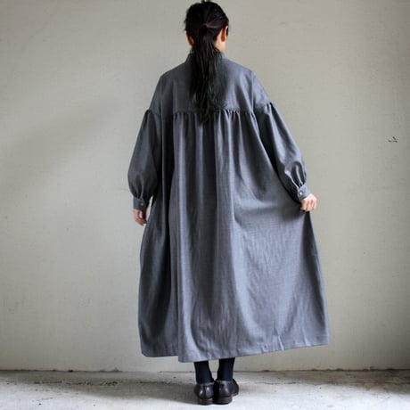**再入荷** LinenYa リネンヤ　ウールサキソニー長袖スタンドカラーワンピース　#グレー