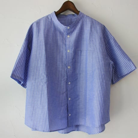 **またまた再入荷** LinenYa リネンヤ　綿麻ストライプバンドカラー半袖シャツ　#ブルー、ピンク