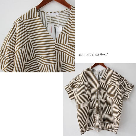 homspun ホームスパン　パッチワークストライププリントVネックブラウス　#オフ白×オリーブ、エンジ×ネイビー、ネイビー×ブラック