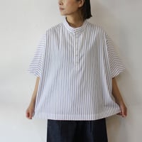**またまた再入荷** LinenYa リネンヤ　コットンストライプヘンリーネックブラウス　#ネイビー、ホワイト