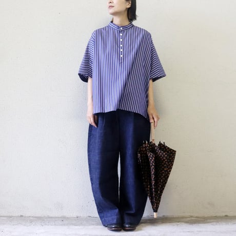 **またまたまた再入荷** LinenYa リネンヤ　コットンストライプヘンリーネックブラウス　#ネイビー、ホワイト