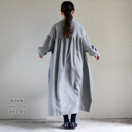 **再々入荷** LinenYa リネンヤ　ウールコットン長袖スタンドカラーワンピース　#千鳥格子