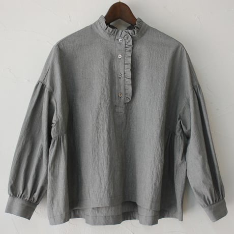 **再入荷** Linenya リネンヤ　コットンフリル長袖ブラウス　#ホワイト、ライトブルー、ネイビー、千鳥