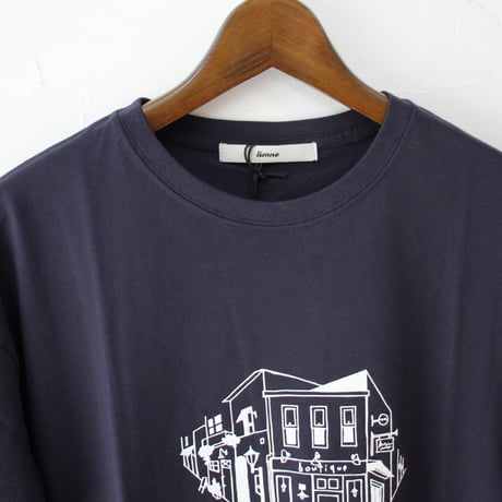 amne アンヌ　Tシャツ　ブティック柄半袖Tシャツ　#ホワイト、セージ、ネイビー