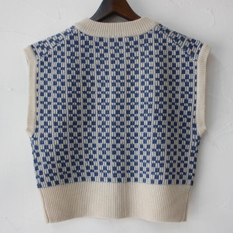 **再入荷** homspun ホームスパン　メリノウール前開きベスト　#アイボリーｘブルー、ブラックｘチャコール