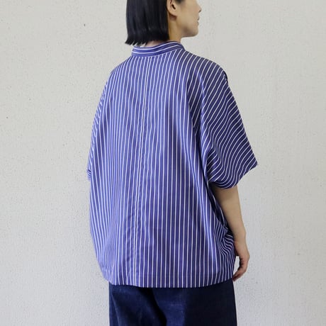 **またまたまた再入荷** LinenYa リネンヤ　コットンストライプヘンリーネックブラウス　#ネイビー、ホワイト
