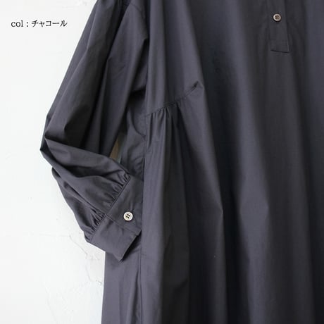**またまたまた再入荷**LinenYa リネンヤ　コットンタイプライター長袖スタンドカラーワンピース　#ブラック、チャコール