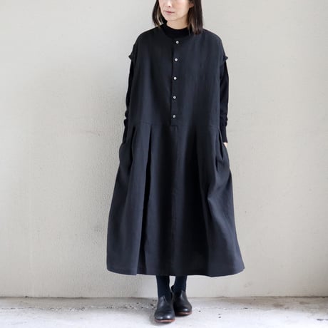 **再々入荷** Linenya リネンヤ　リネンフレンチスリーブワンピース　#ブラック、チャコール　【送料無料】
