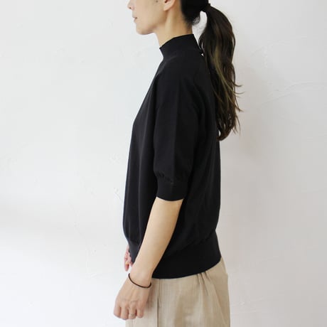 **またまたまた再入荷** LinenYa リネンヤ as it is.  コットンモックネック5分袖ニット　#ネイビー、ブラック、ホワイト