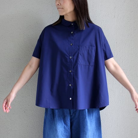 Linenya リネンヤ　コットンタイプライター丸襟半袖ブラウス　#ネイビー、ブラウン