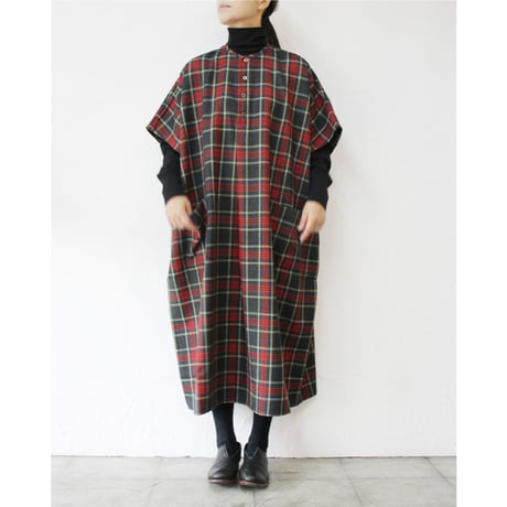 homspun ホームスパン　ウールタータンワンピース　#ベージュｘサックス、チャコールｘレッド
