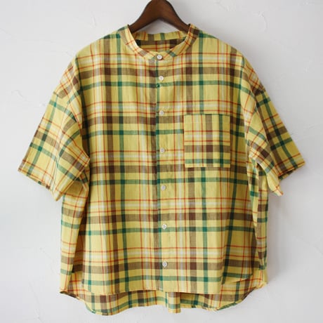 **またまた再入荷**　LinenYa リネンヤ　チェックハンドカラー半袖シャツ　#ブルー 、イエロー 【送料無料】