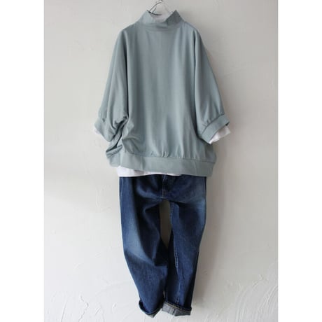 **またまた再入荷** Linenya リネンヤ　コットンシルク天竺5分袖ハイネックプルオーバー　#ブラック、ネイビー、オールドブルー、ベージュ