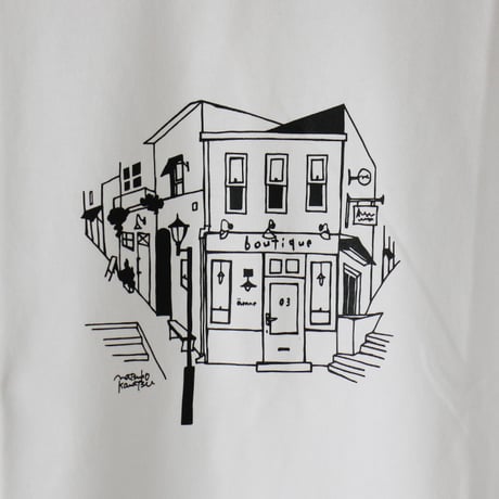 amne アンヌ　Tシャツ　ブティック柄半袖Tシャツ　#ホワイト、セージ、ネイビー